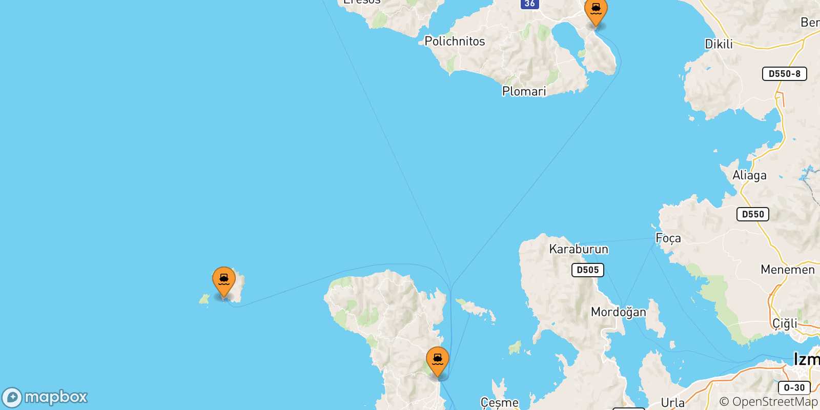 Carte des traversées possibles entre les Îles Égéennes et Inousses
