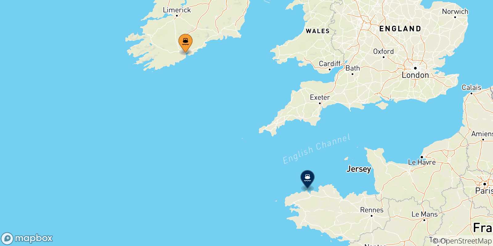 Carte des traversées possibles entre Irlande et Roscoff
