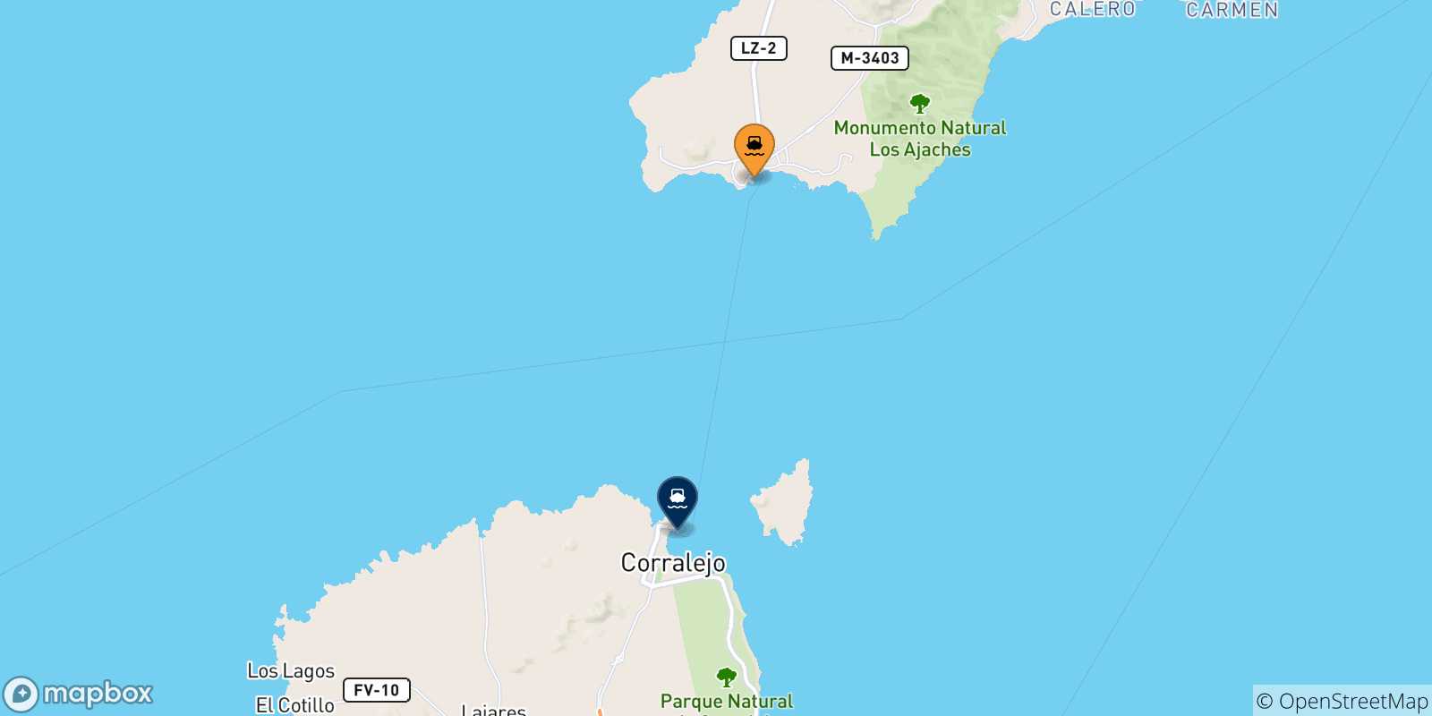 Carte des traversées possibles entre Playa Blanca (Lanzarote) et l'Espagne