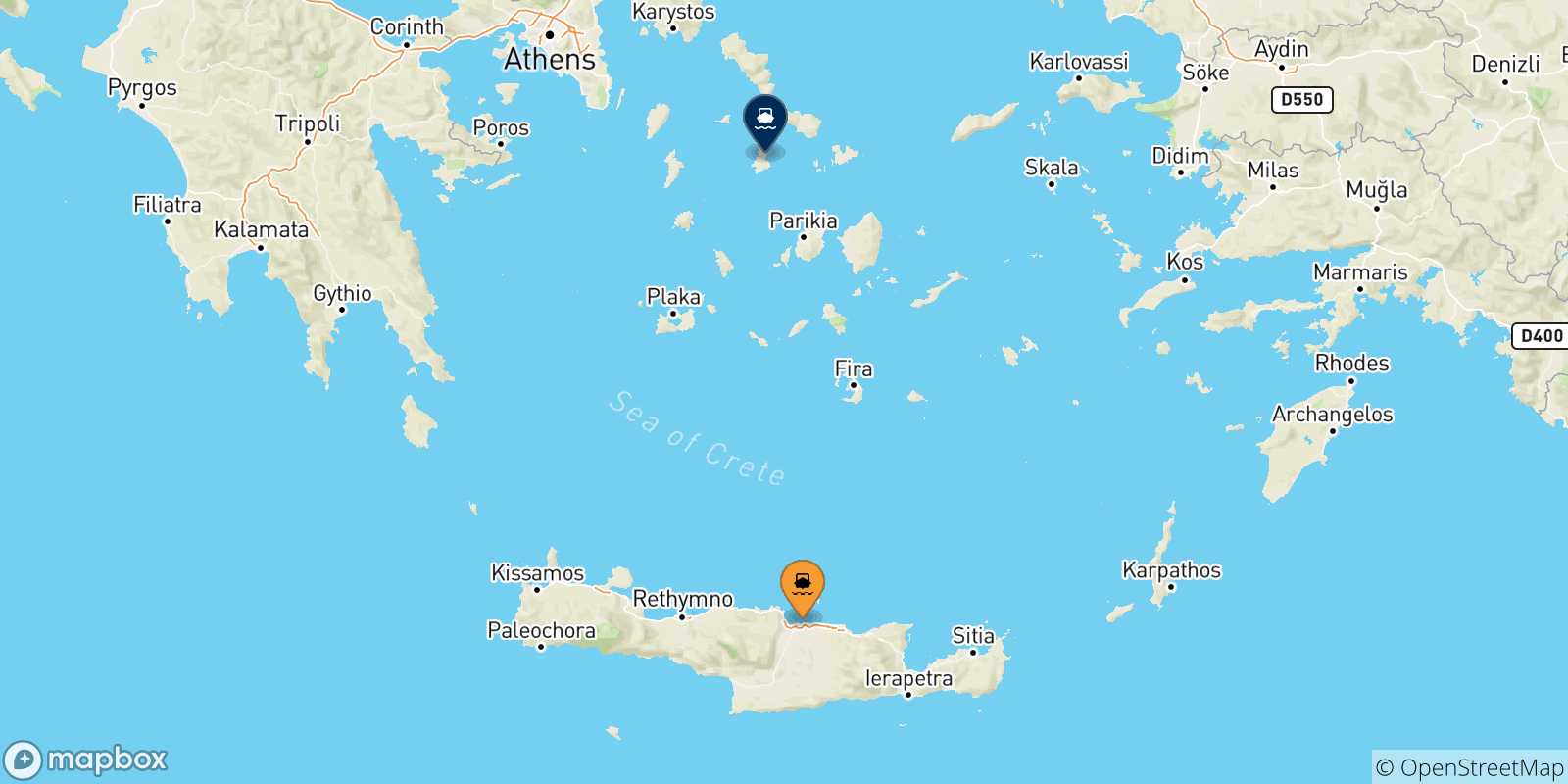 Carte des traversées possibles entre la Crète et Syros