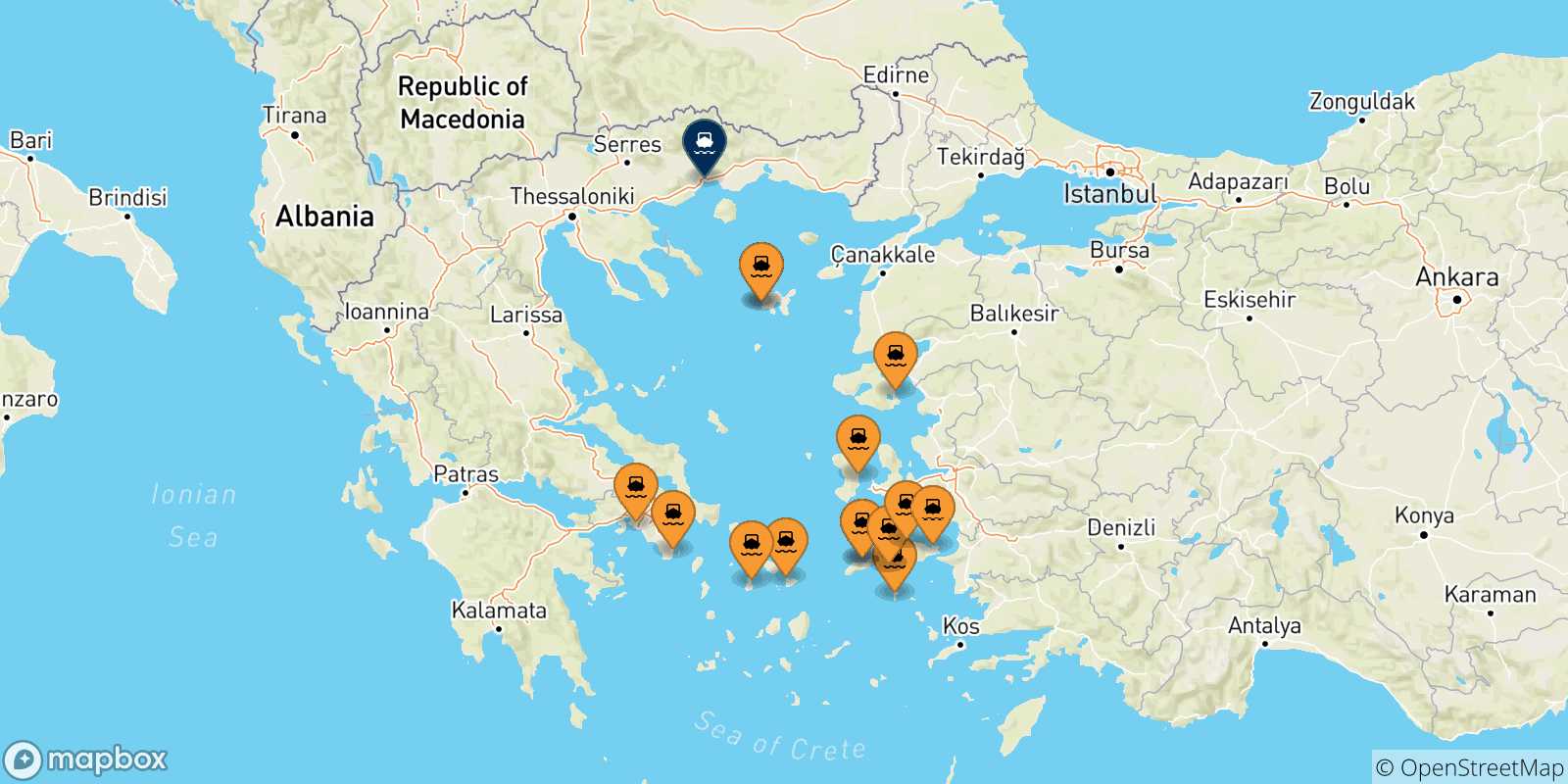 Carte des traversées possibles entre la Grèce et Kavala