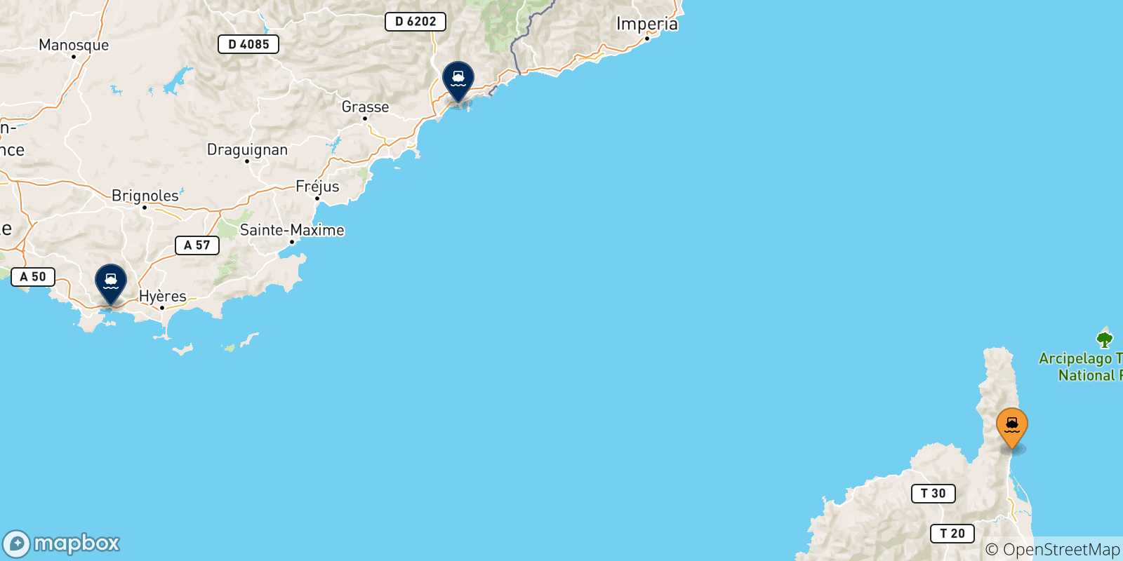 Carte des traversées possibles entre Bastia et la France