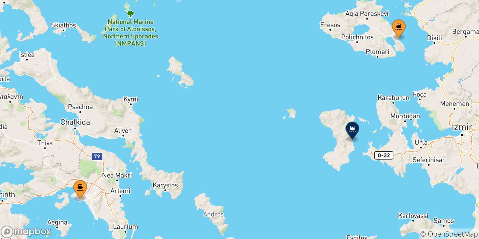 Carte des traversées possibles entre la Grèce et Mesta Chios