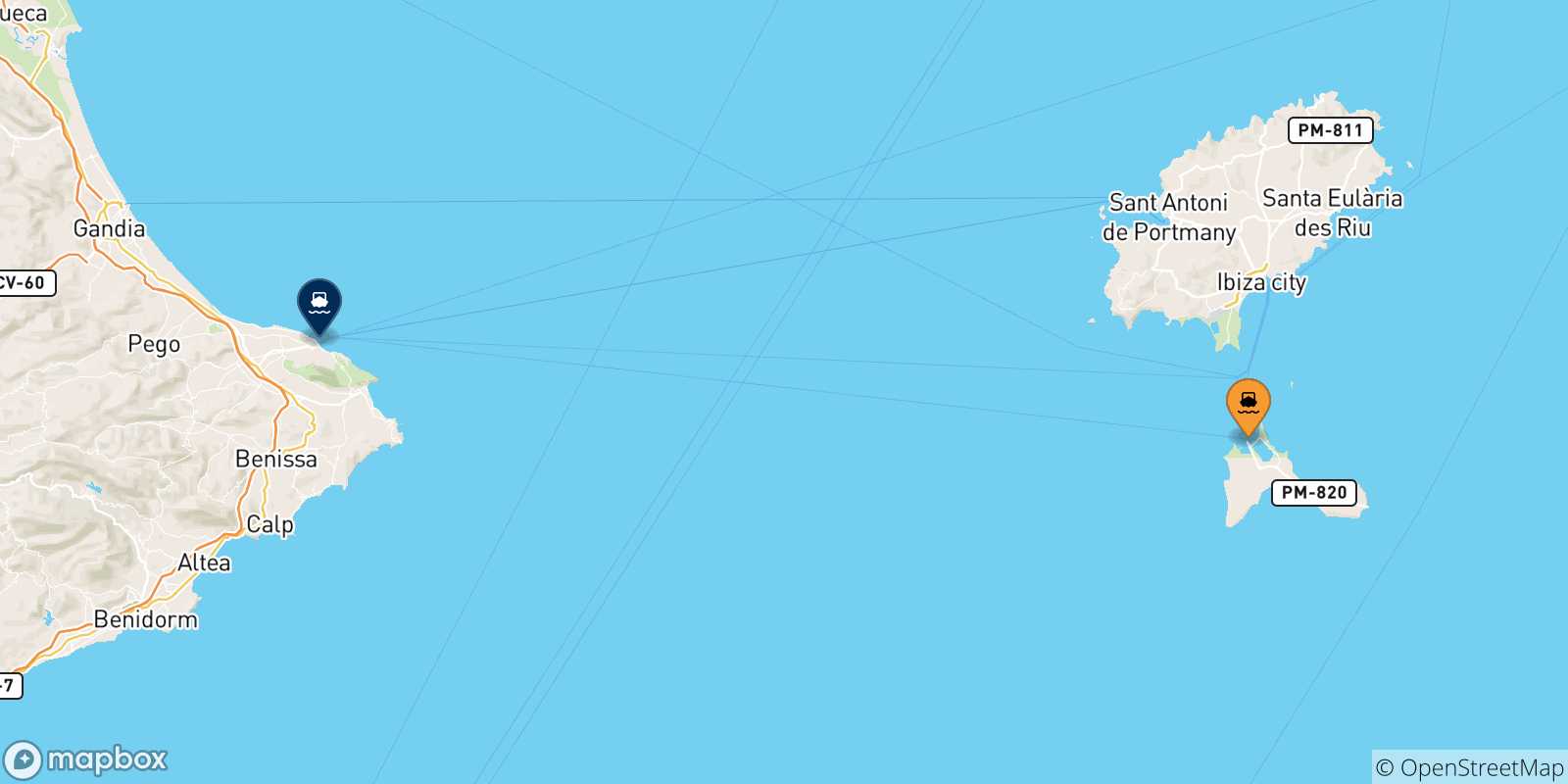 Carte des traversées possibles entre l'Espagne et Denia