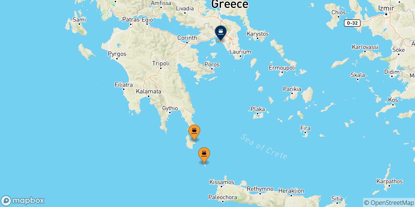 Carte des traversées possibles entre Îles Ioniennes et Le Piree