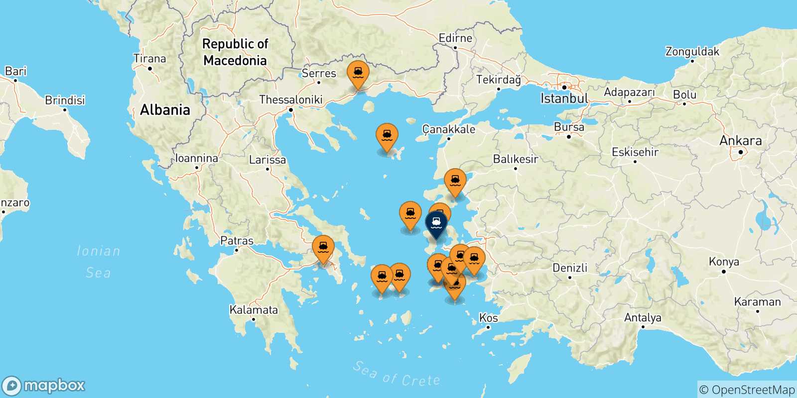 Carte des traversées possibles entre la Grèce et Chios