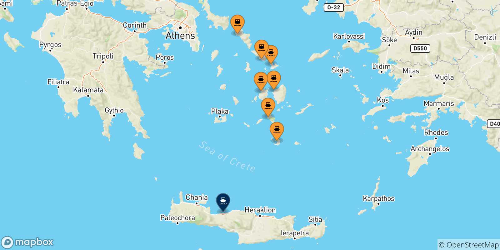 Carte des traversées possibles entre Îles Des Cyclades et Rethymnon