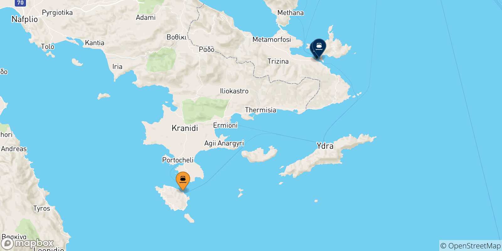 Carte des traversées possibles entre Spetses et les Îles Saroniques