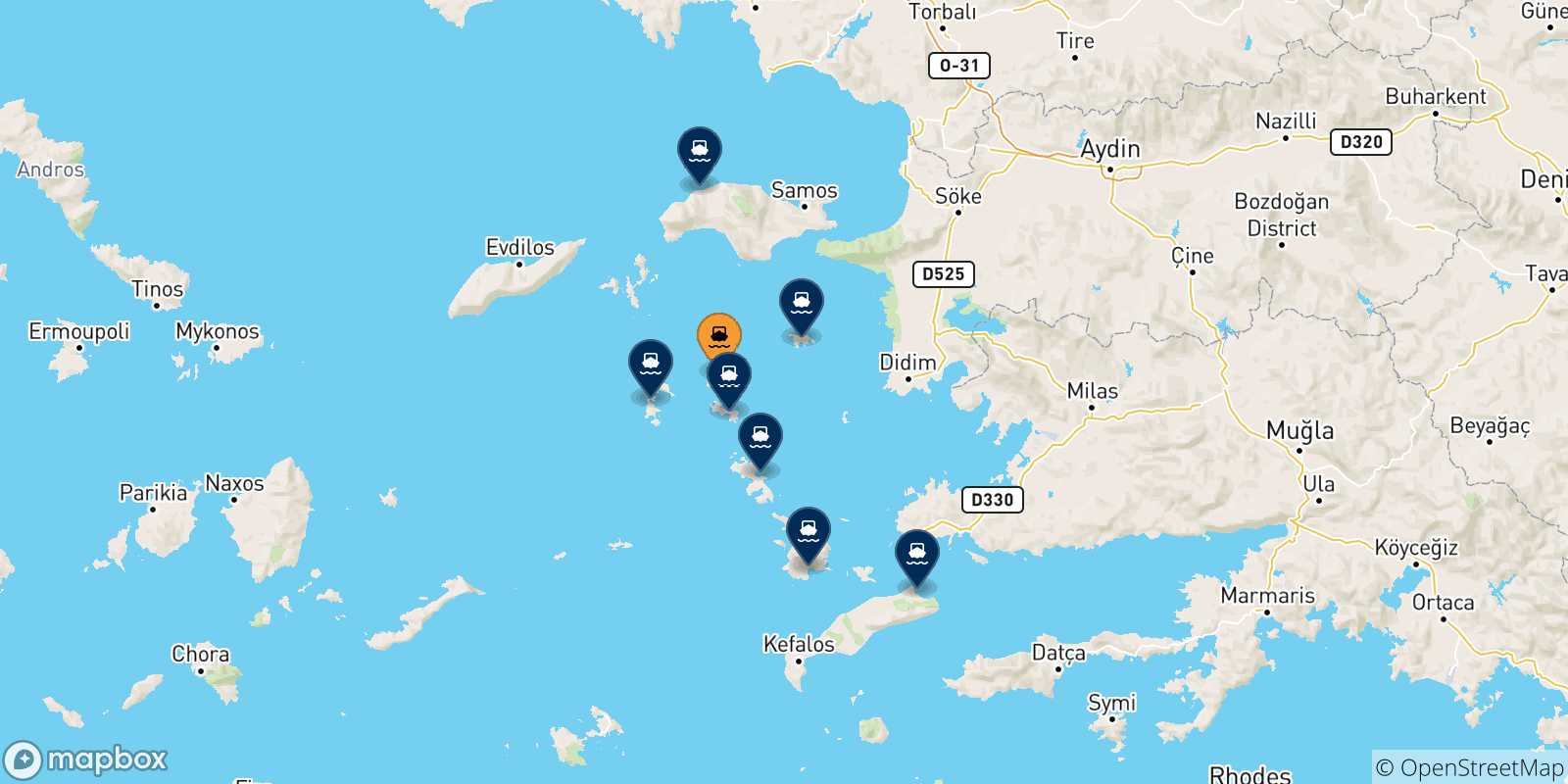 Carte des traversées possibles entre Arkyi et la Grèce