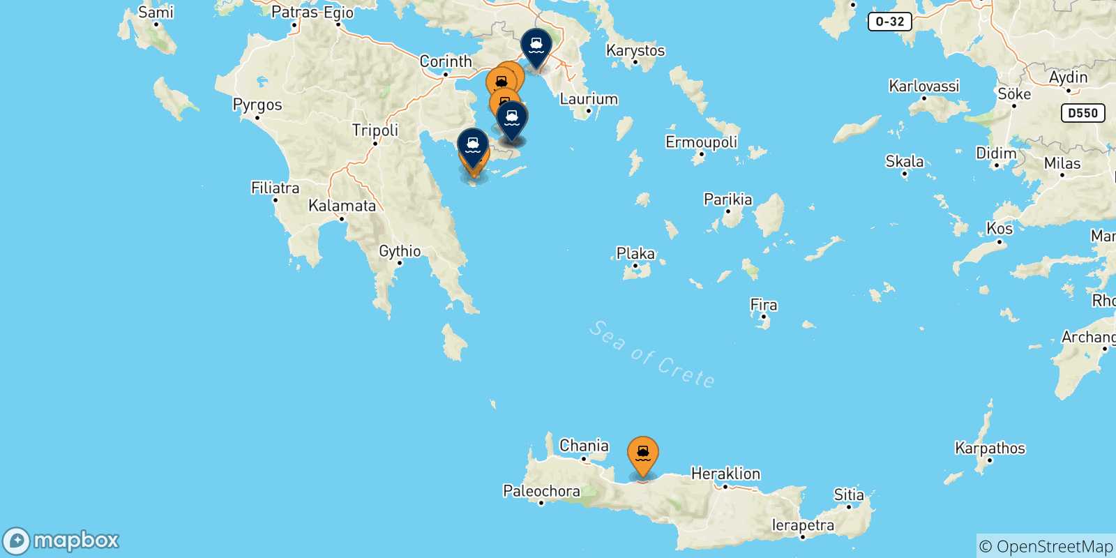 Carte des traversées possibles entre les Îles Saroniques et la Grèce