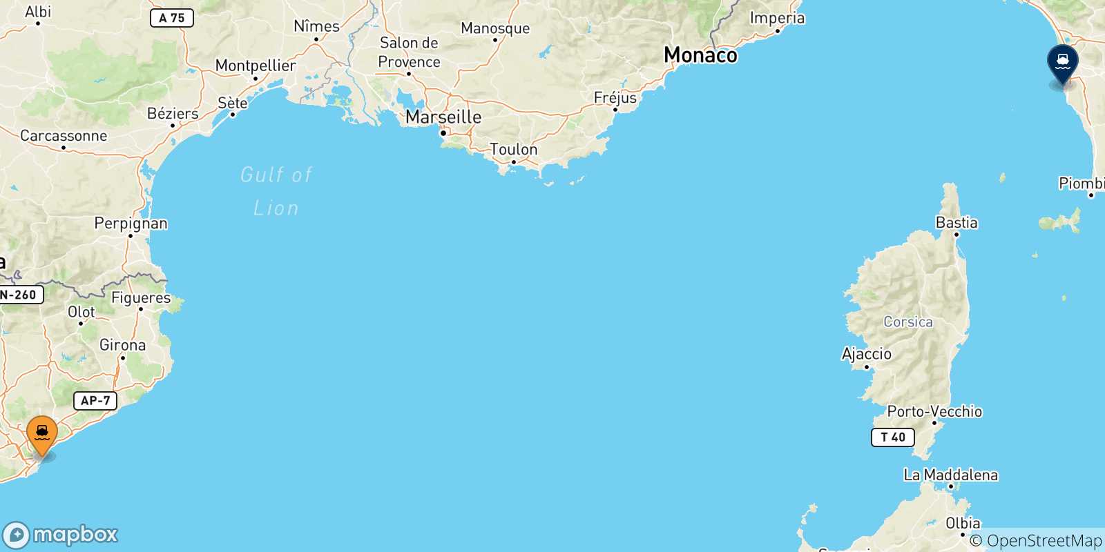 Carte des traversées possibles entre l'Espagne et Livourne
