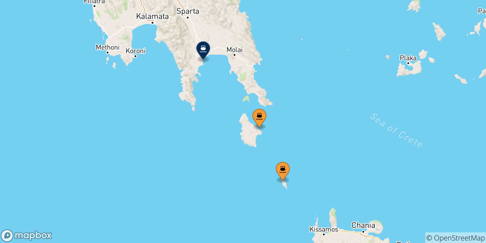 Carte des traversées possibles entre Îles Ioniennes et Gythio
