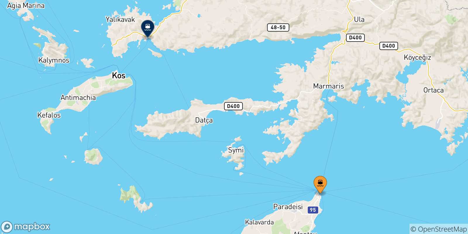 Carte des traversées possibles entre Rhodes et la Turquie