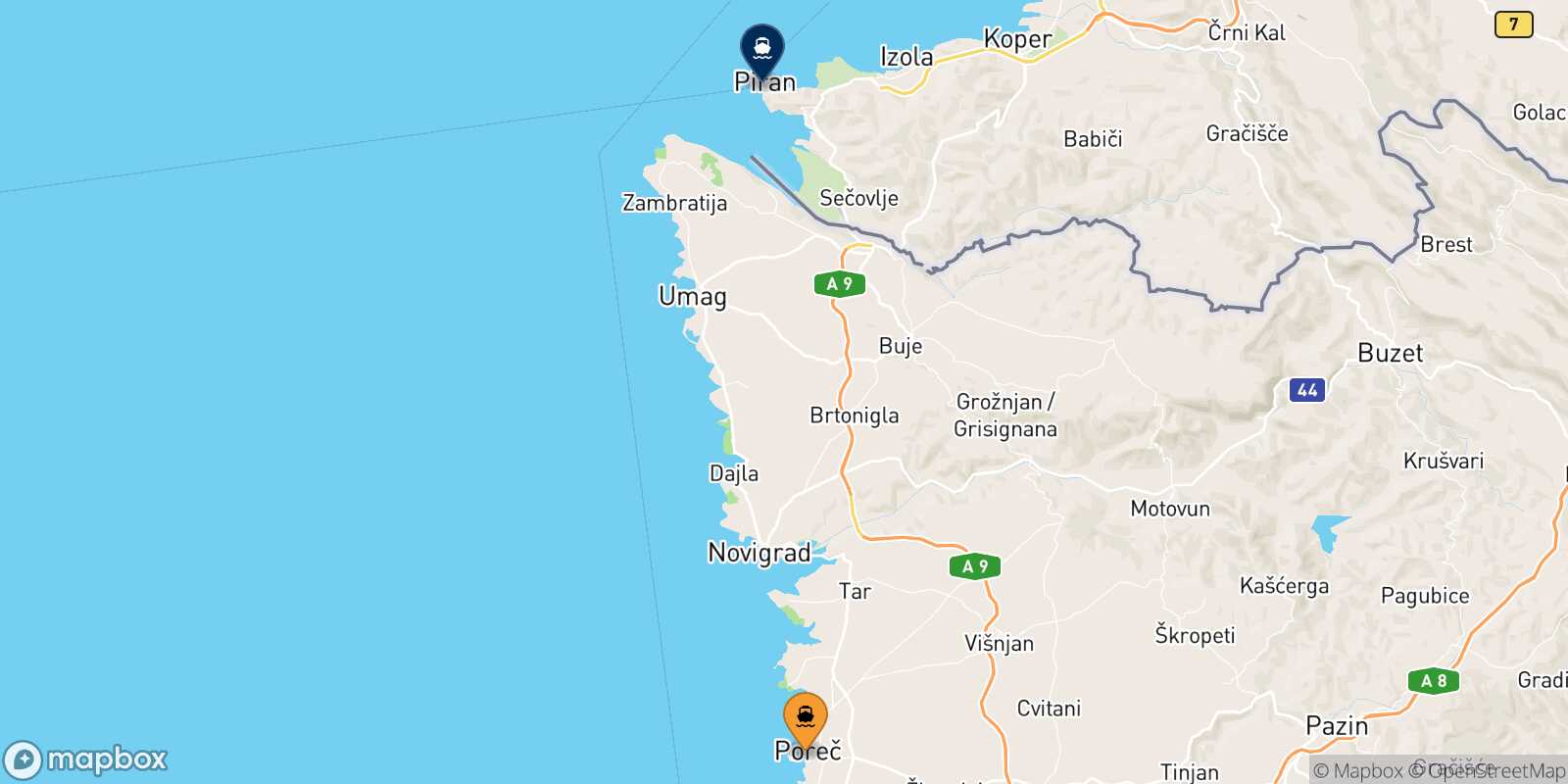 Carte des traverséesPorec Piran
