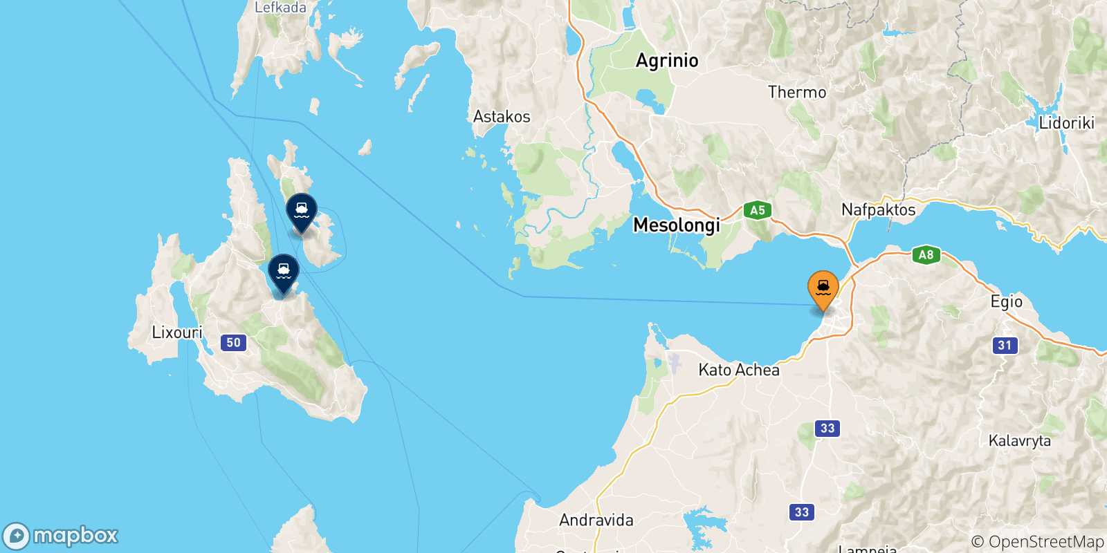 Carte des traversées possibles entre Patras et Îles Ioniennes