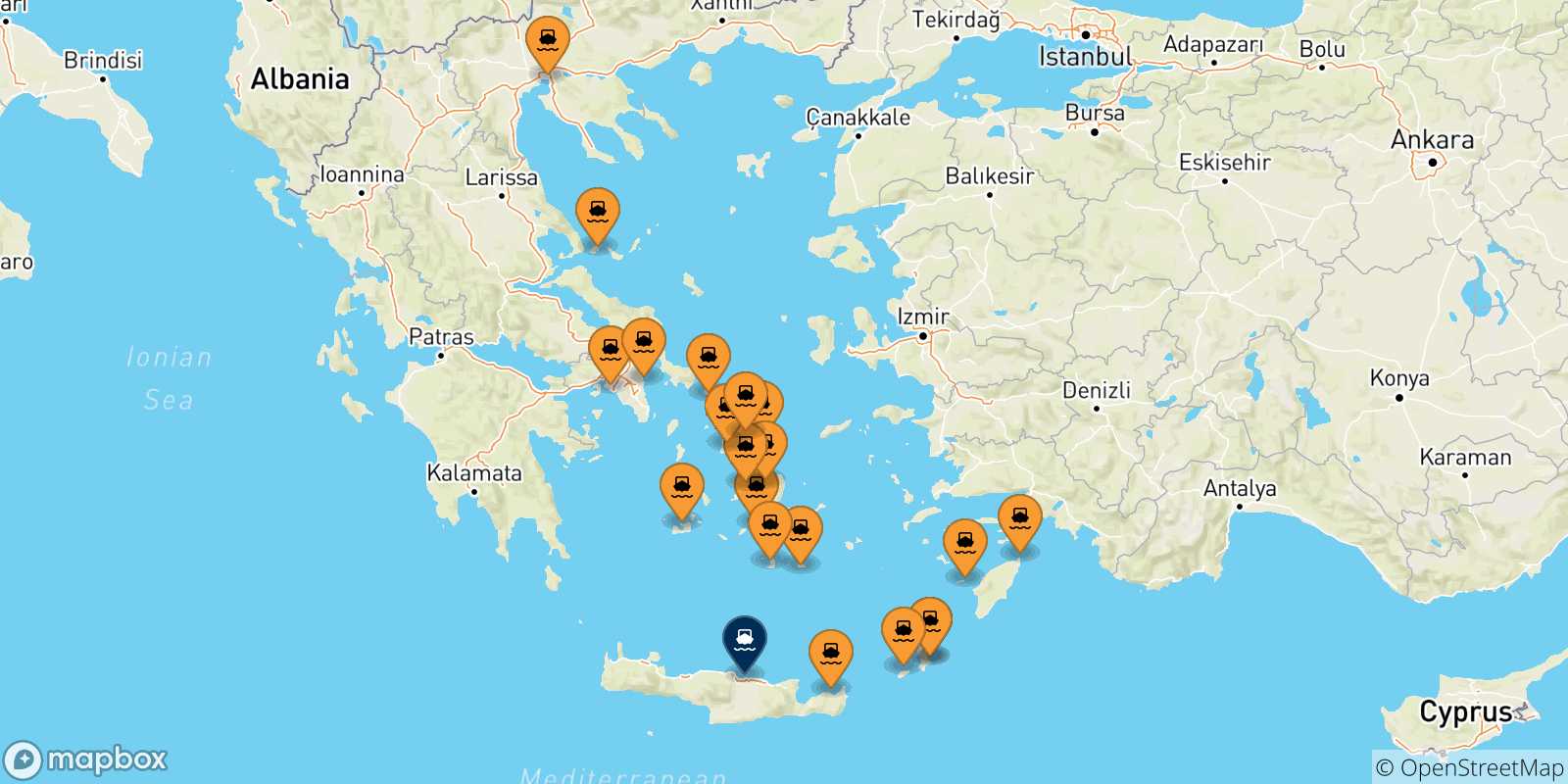 Carte des traversées possibles entre la Grèce et Heraklion