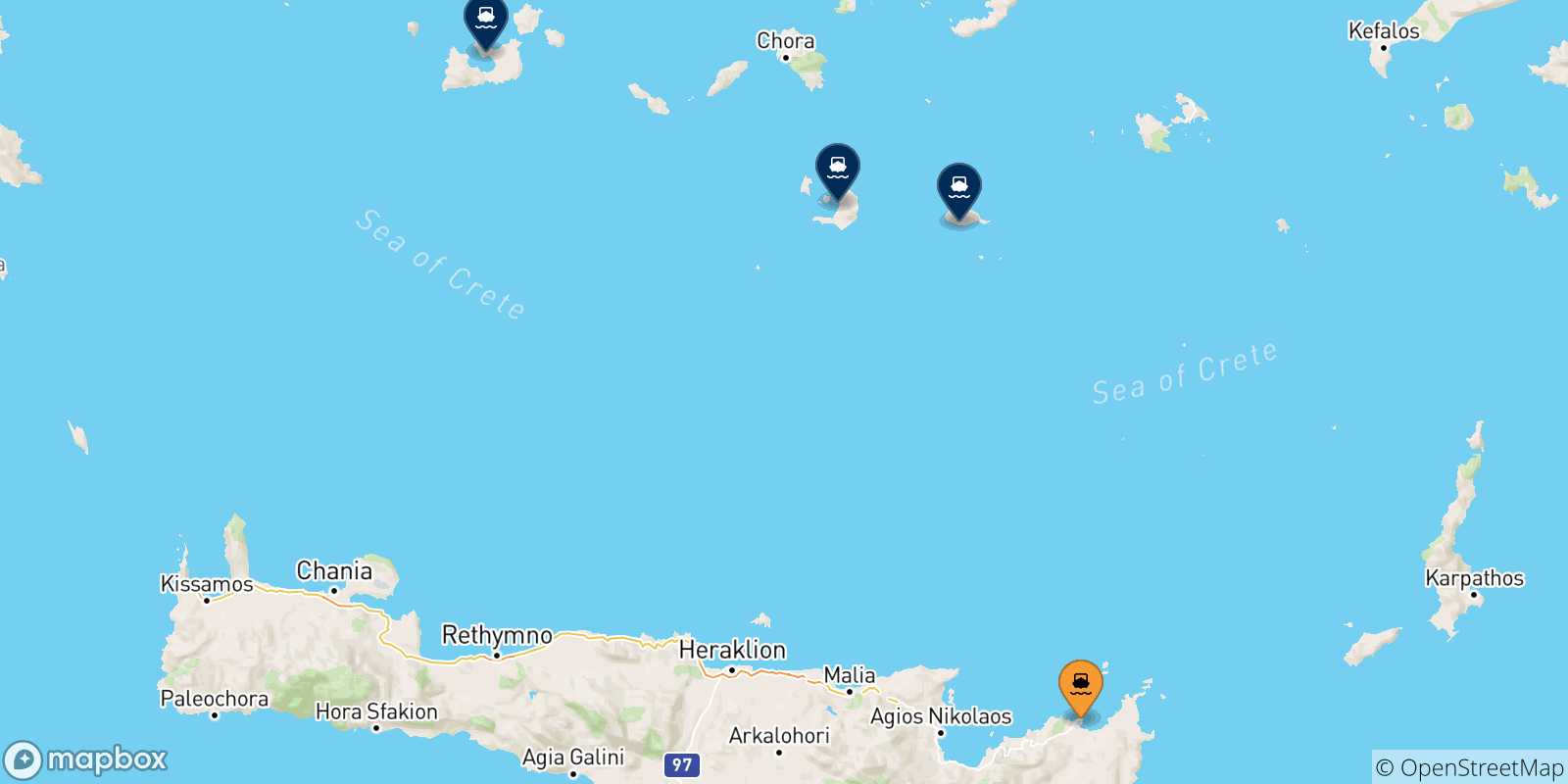 Carte des traversées possibles entre Sitia et Îles Des Cyclades