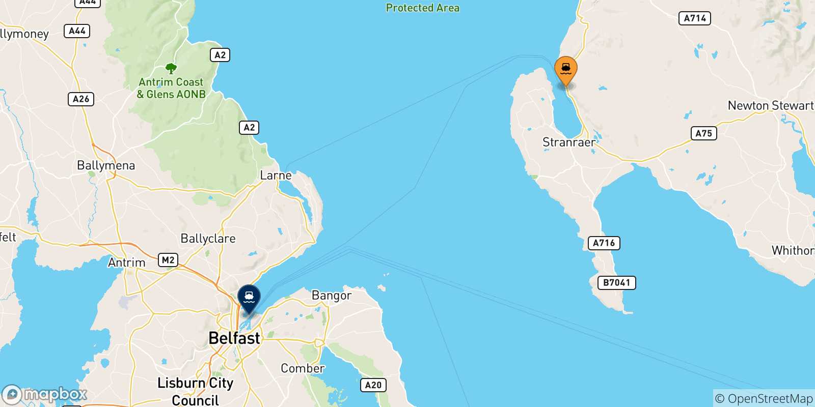 Carte des traversées possibles entre Écosse et Belfast