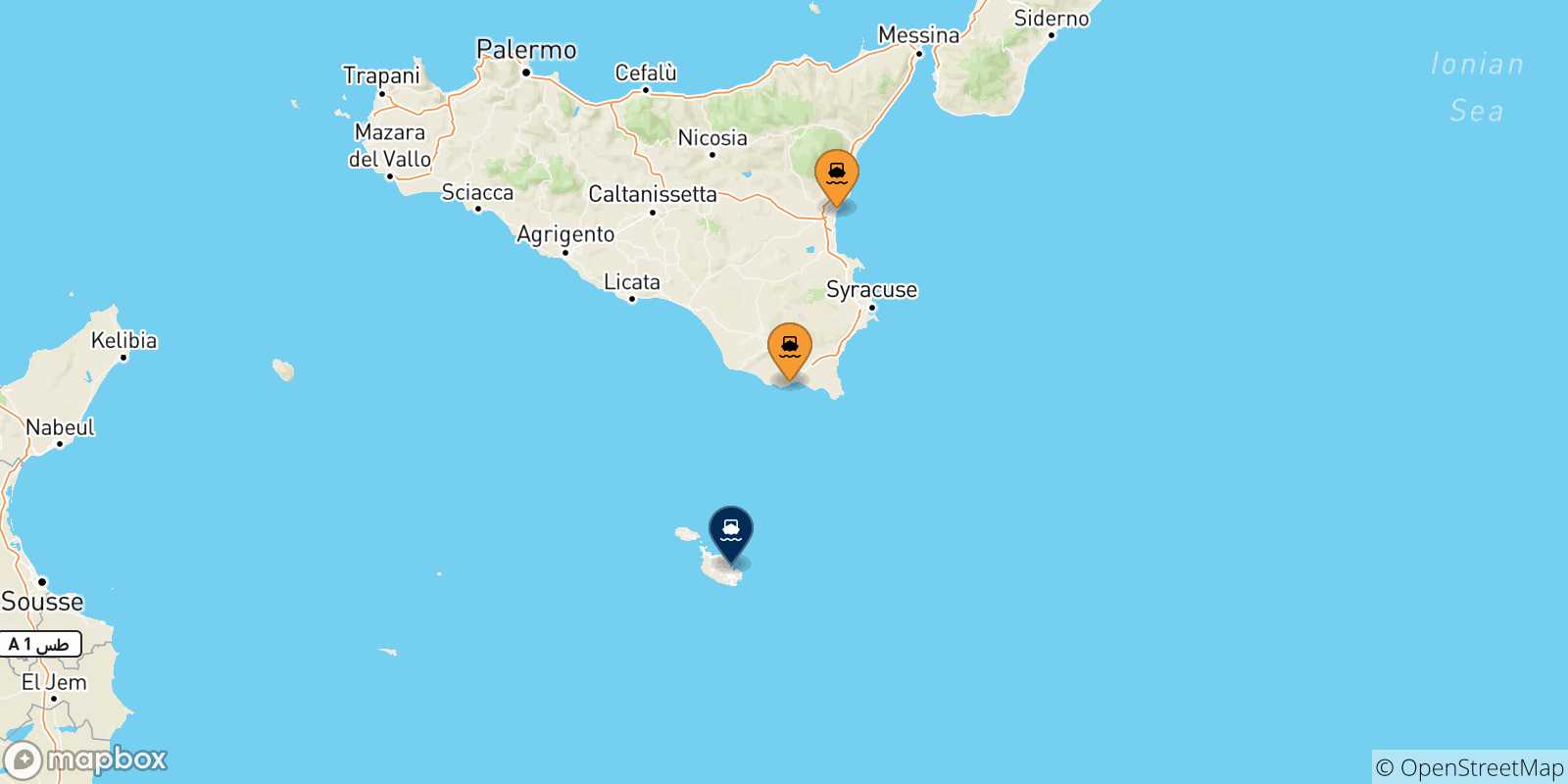 Carte des traversées possibles entre la Sicile et Malte