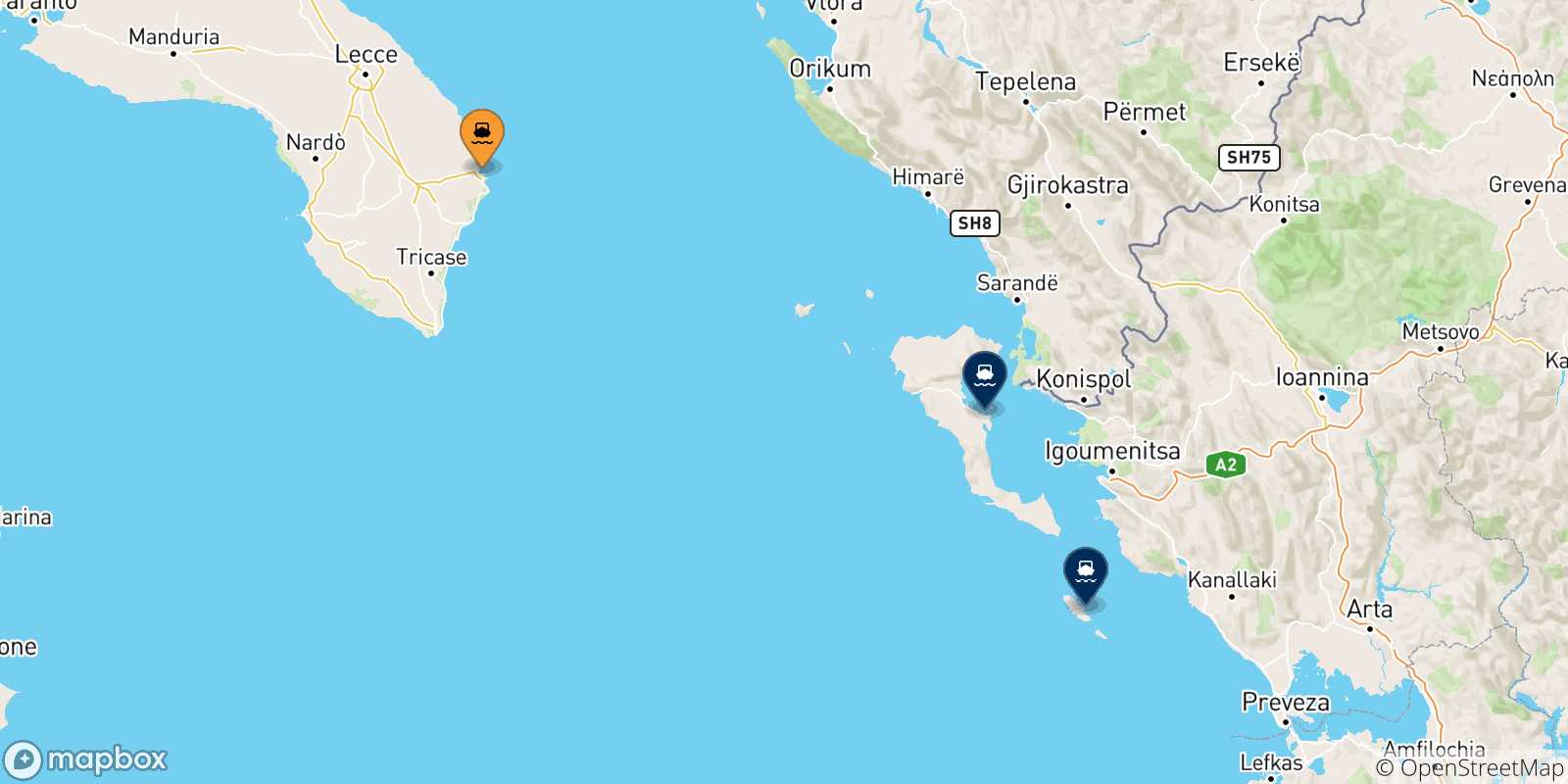 Carte des traversées possibles entre Otrante et Îles Ioniennes