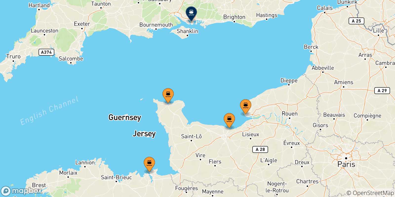 Carte des traversées possibles entre la France et Portsmouth