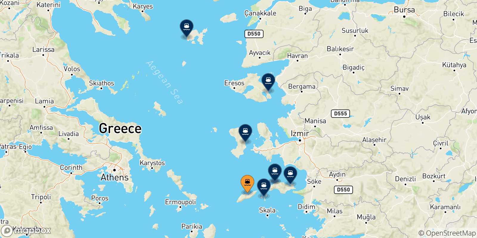 Carte des traversées possibles entre Agios Kirikos (Ikaria) et les Îles Égéennes