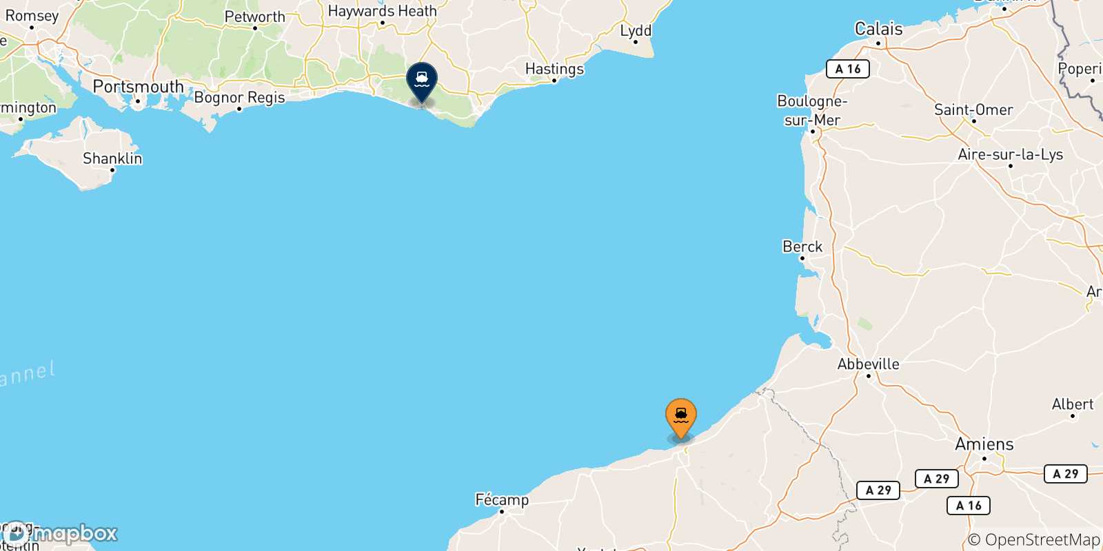 Carte des traversées possibles entre la France et Newhaven