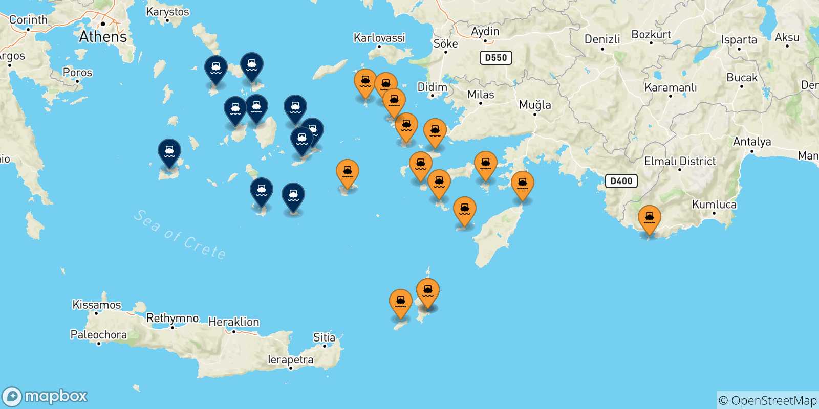 Carte des traversées possibles entre Îles Du Dodécanèse et Îles Des Cyclades