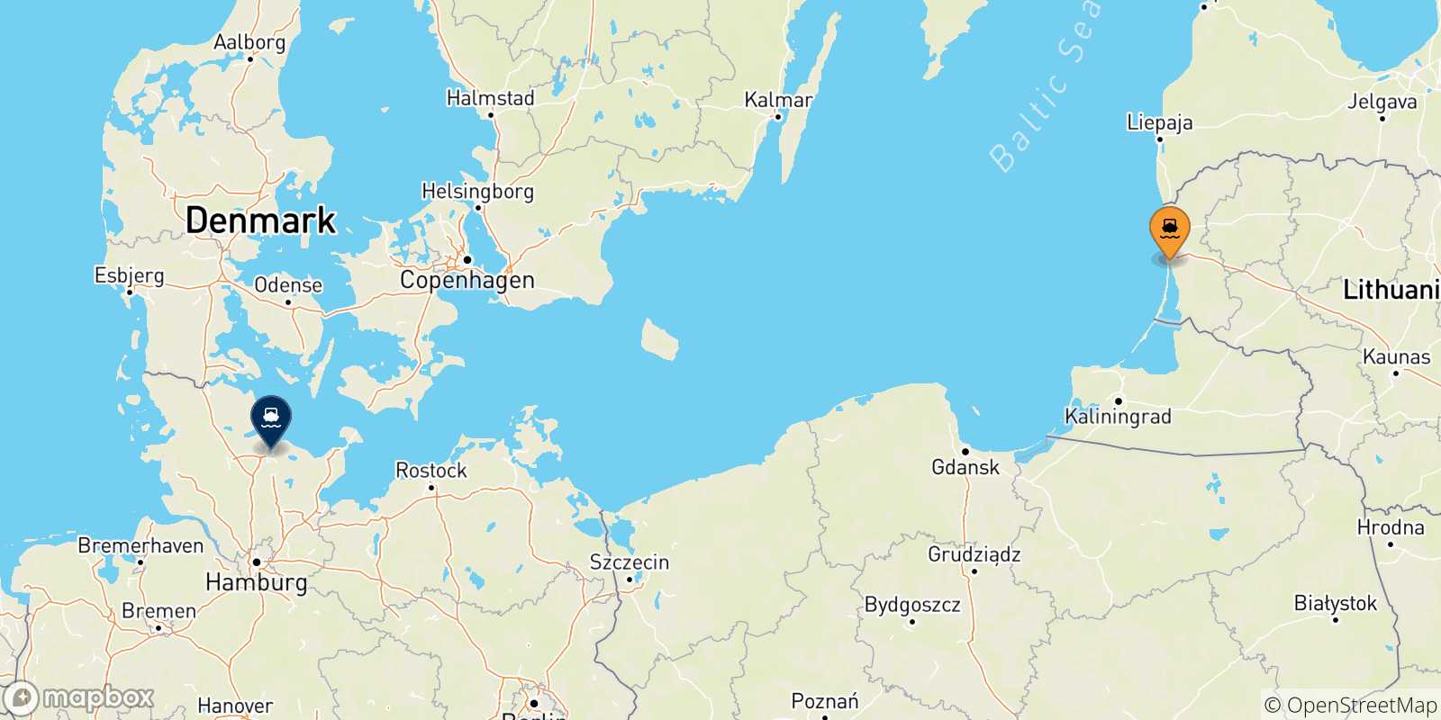 Carte des traversées possibles entre la Lituanie et Kiel
