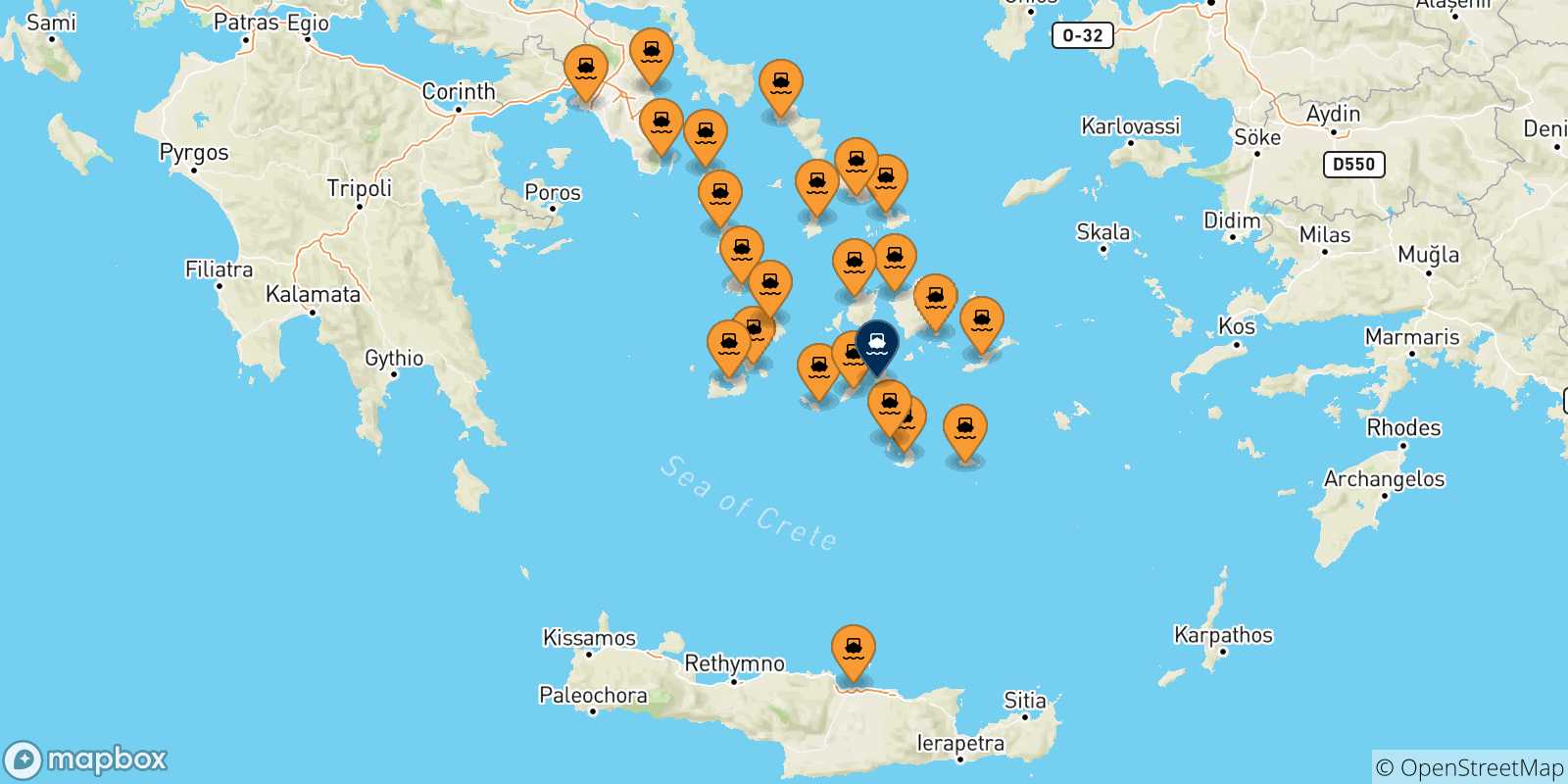 Carte des traversées possibles entre la Grèce et Ios