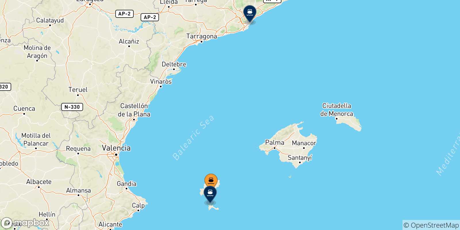 Carte des traversées possibles entre Ibiza et l'Espagne