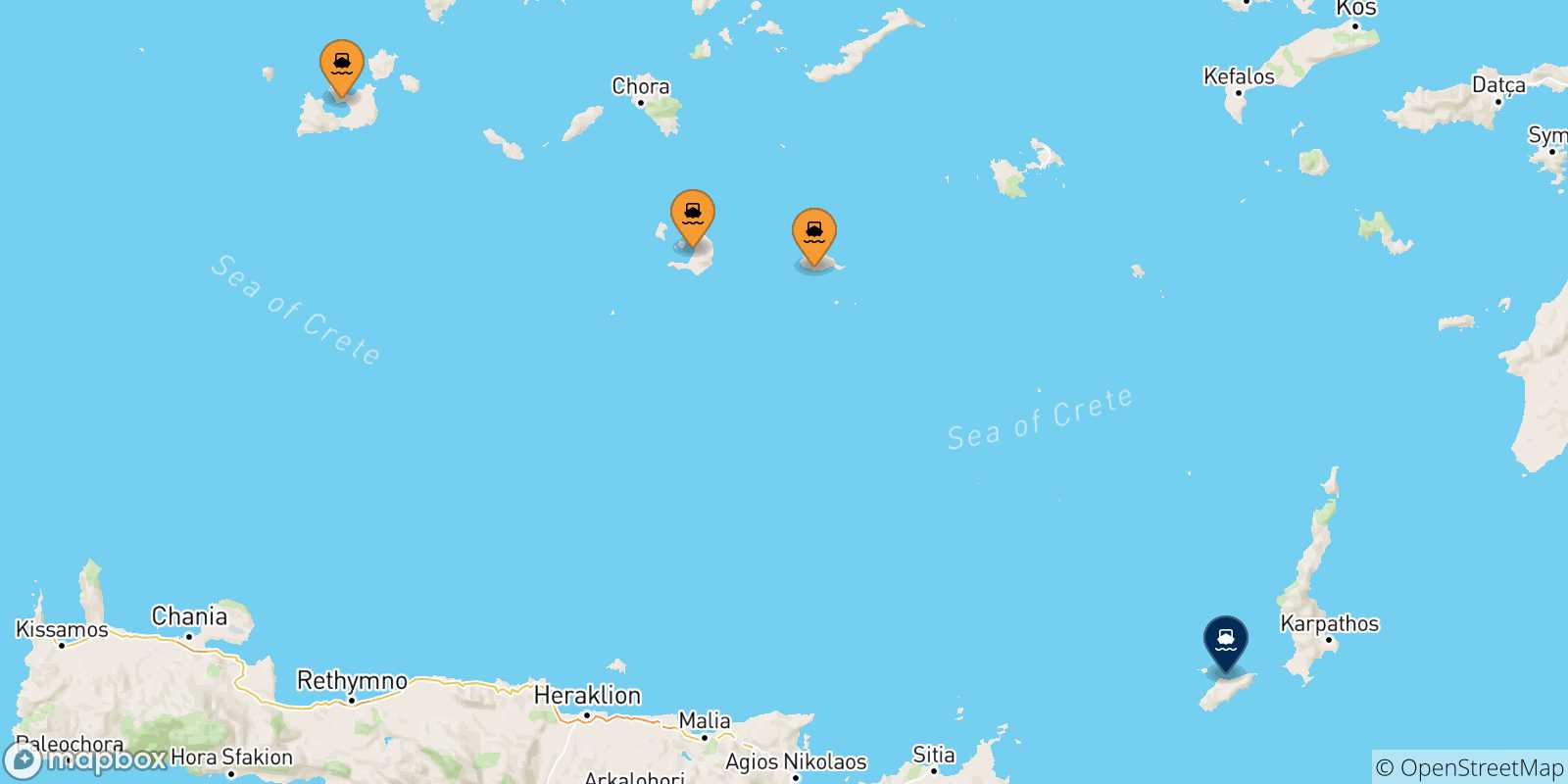 Carte des traversées possibles entre Îles Des Cyclades et Kassos