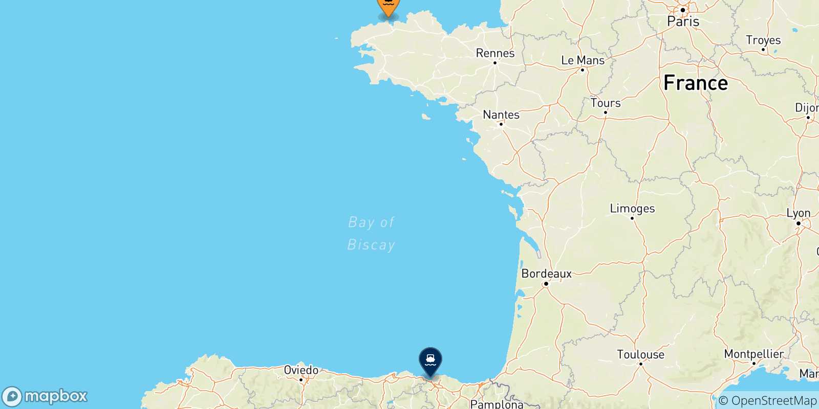 Carte des traversées possibles entre Roscoff et l'Espagne
