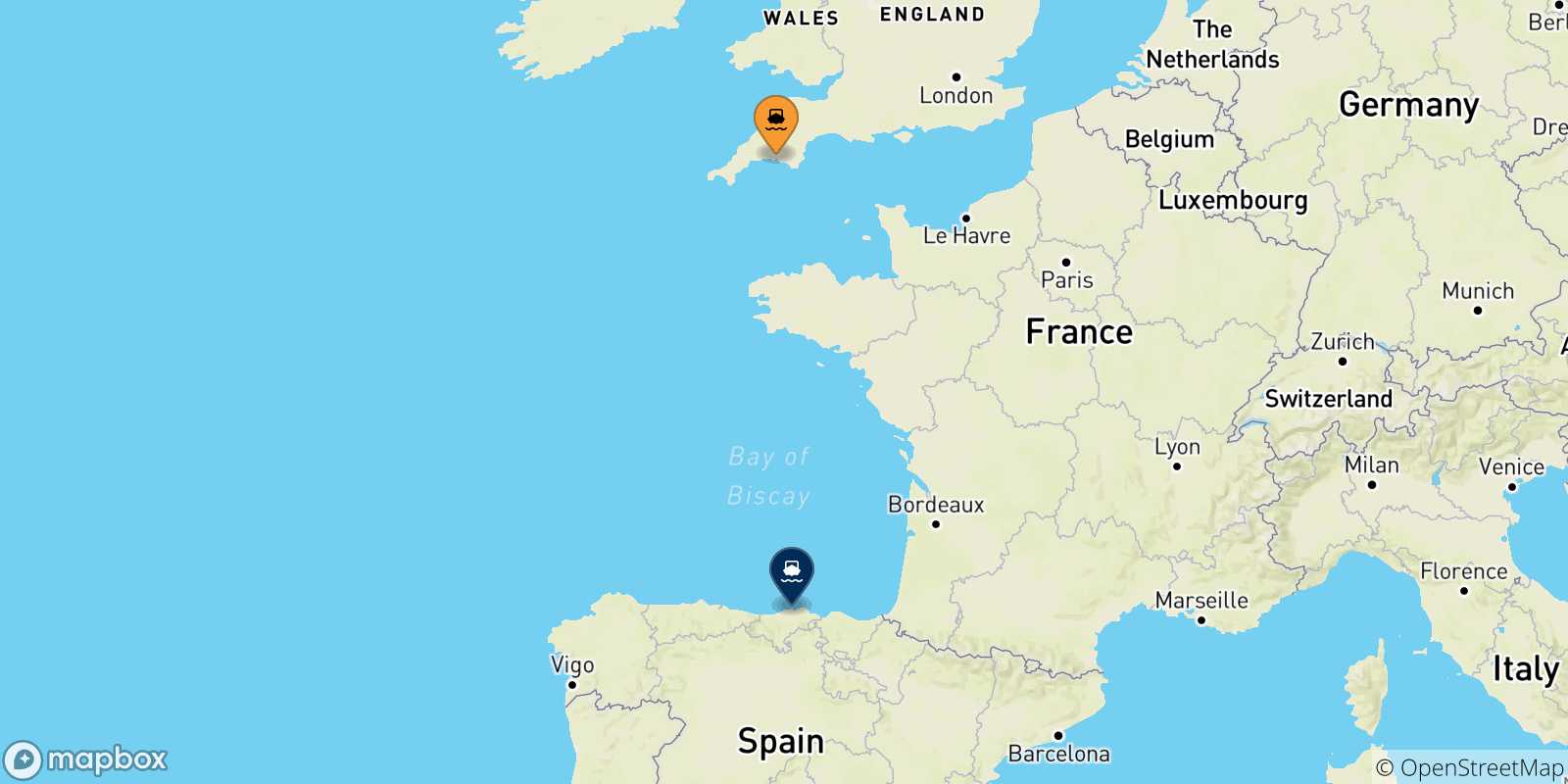 Carte des traversées possibles entre Plymouth et l'Espagne