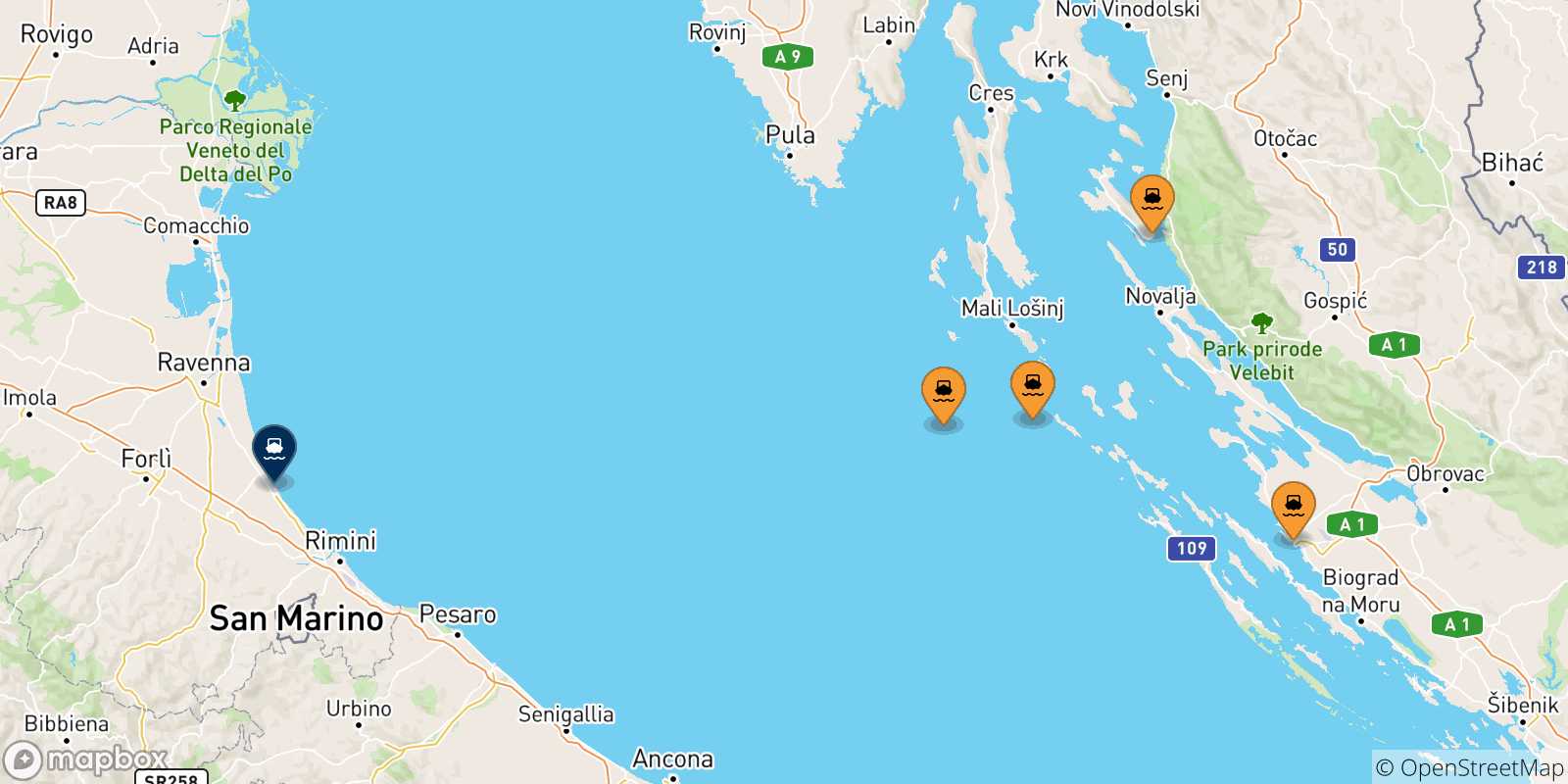 Carte des traversées possibles entre la Croatie et Cesenatico