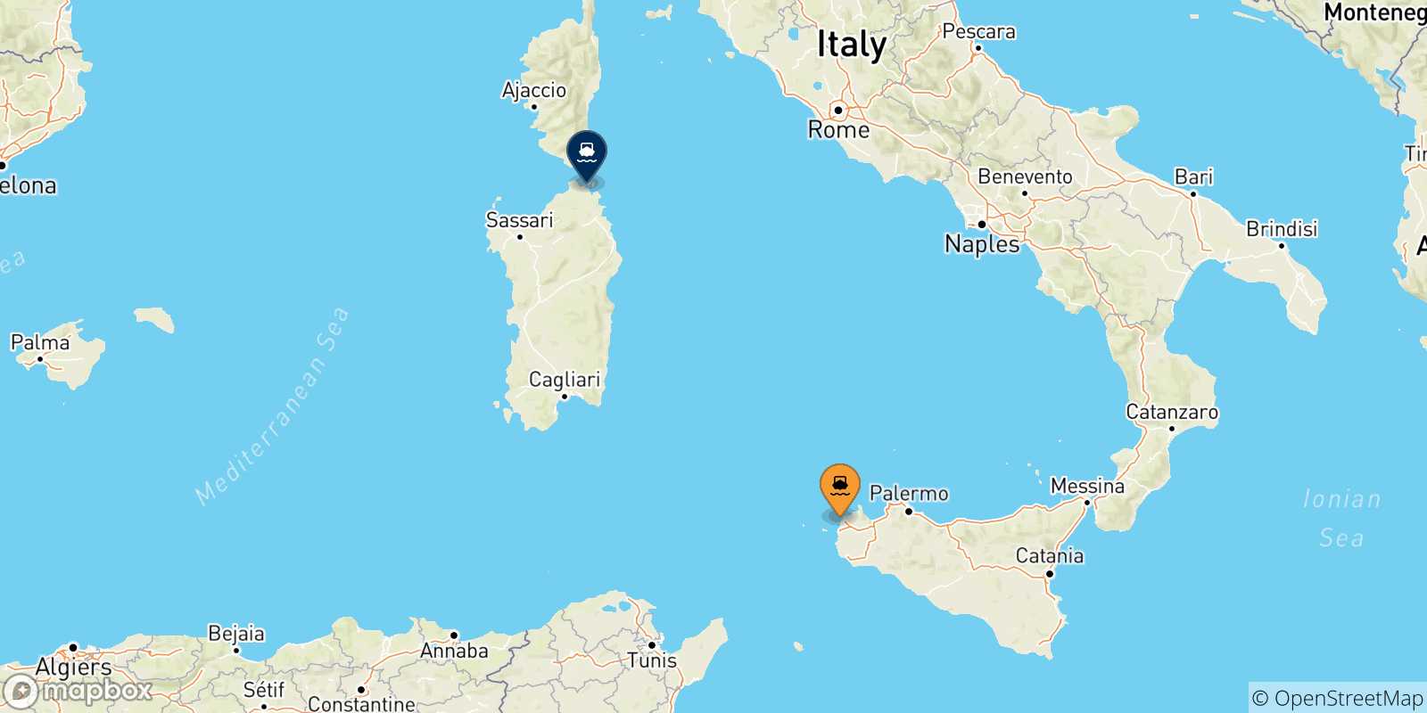Carte des traversées possibles entre Trapani et la Sardaigne