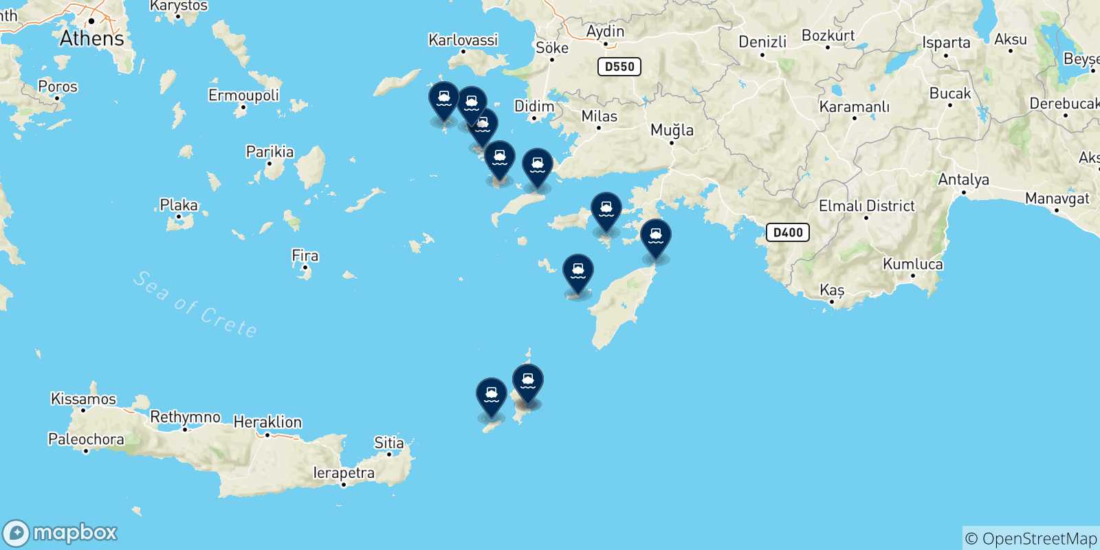 Carte des traversées possibles entre Karpathos et Îles Du Dodécanèse