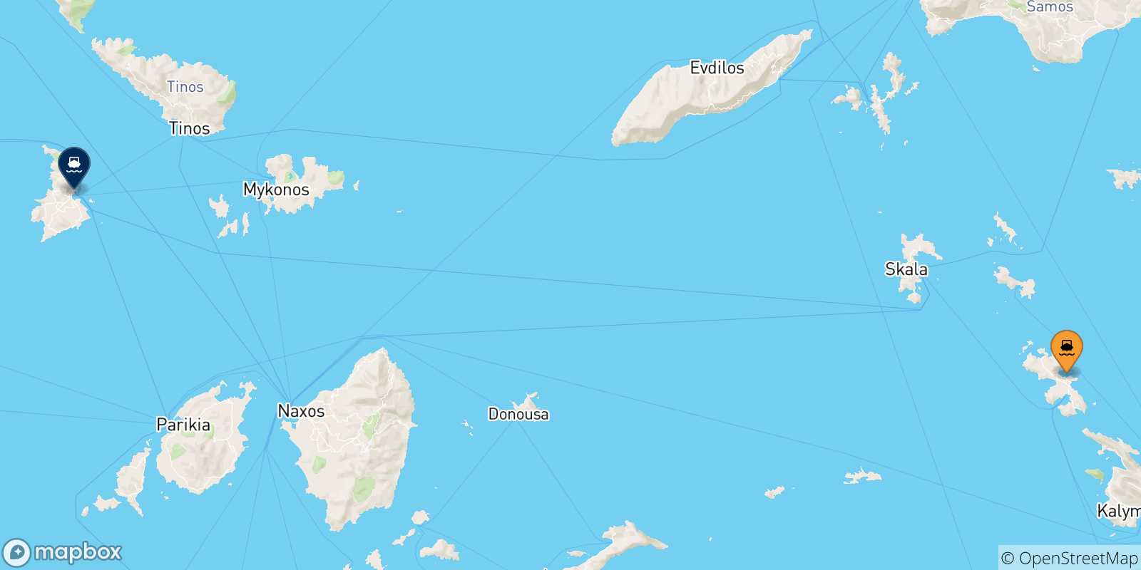 Carte des traversées possibles entre Leros et Îles Des Cyclades