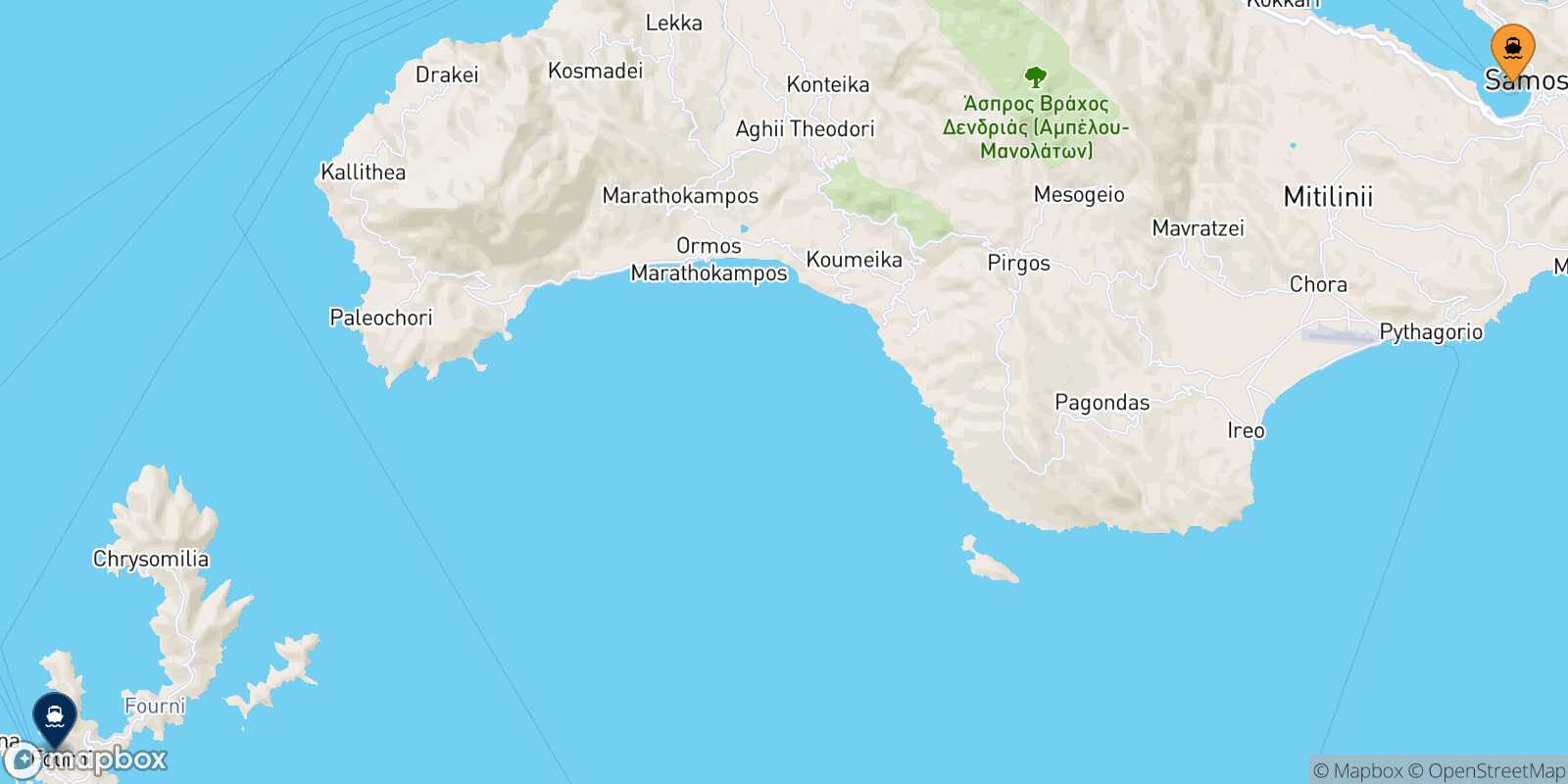 Carte des traverséesVathi (Samos) Fourni