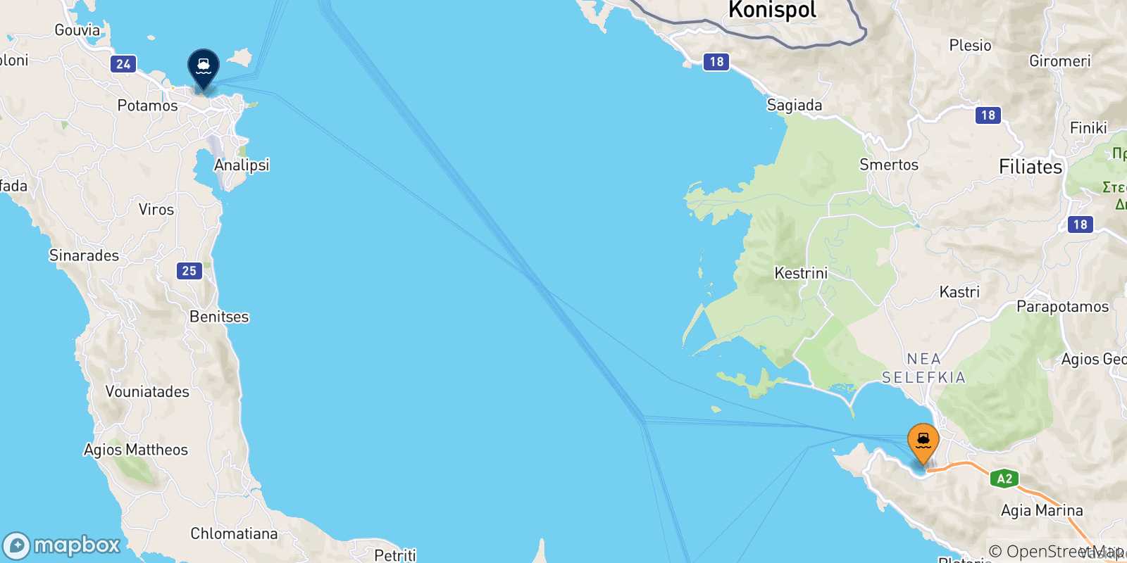 Carte des traversées possibles entre Igoumenitsa et la Grèce