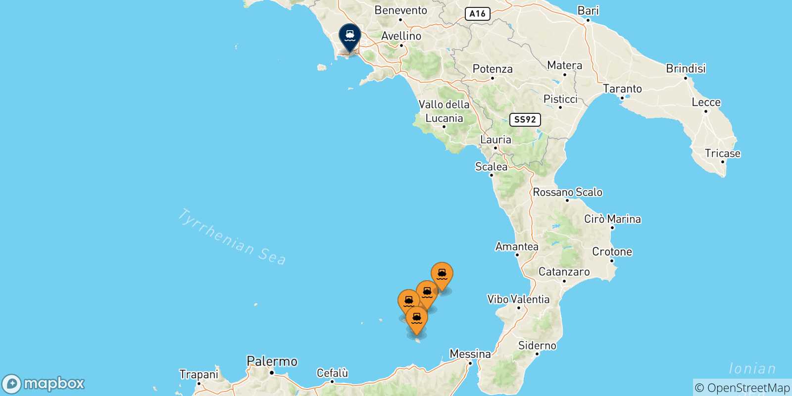 Carte des traversées possibles entre les Îles Éoliennes et Naples Mergellina