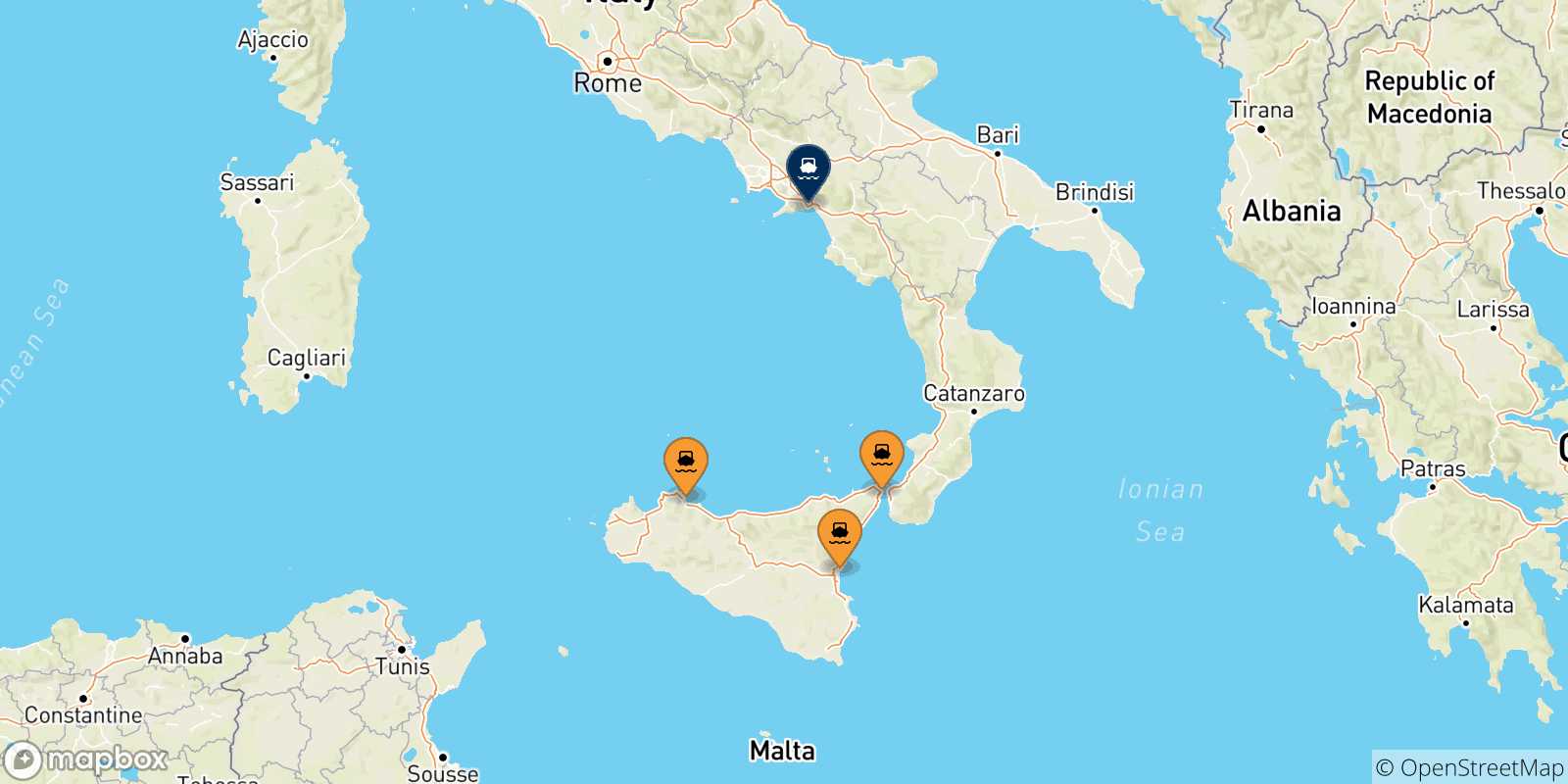 Carte des traversées possibles entre l'Italie et Salerne