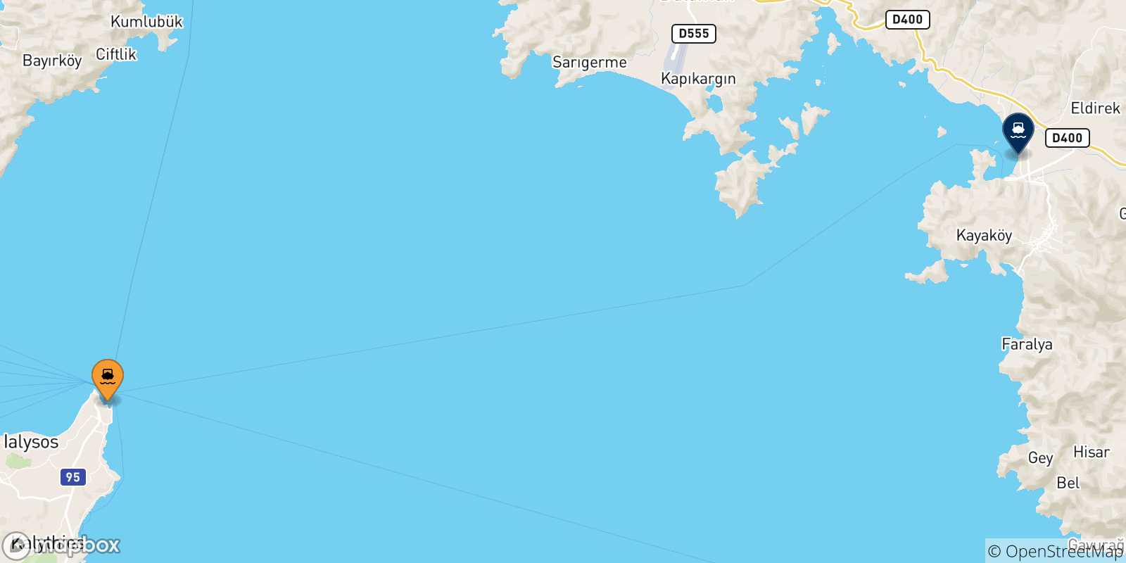 Carte des traversées possibles entre Îles Du Dodécanèse et Fethiye