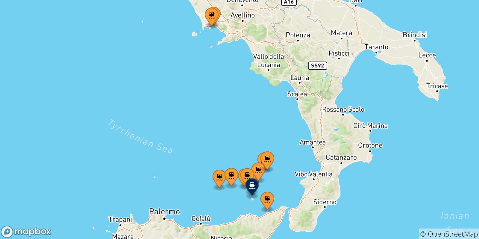 Carte des traversées possibles entre l'Italie et Vulcano