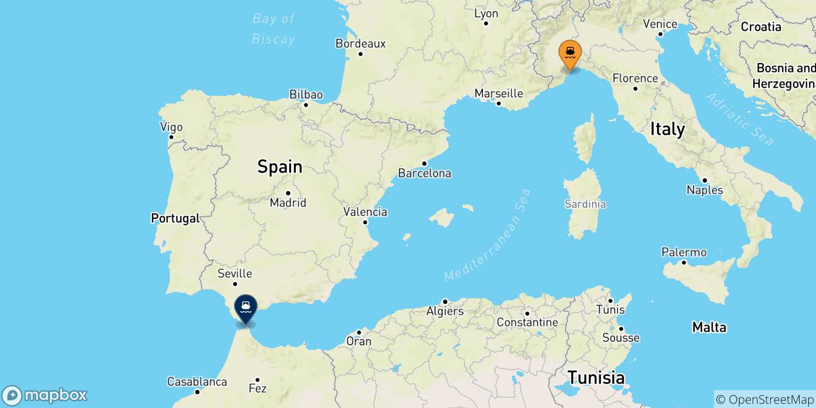 Carte des traversées possibles entre Savone et le Maroc
