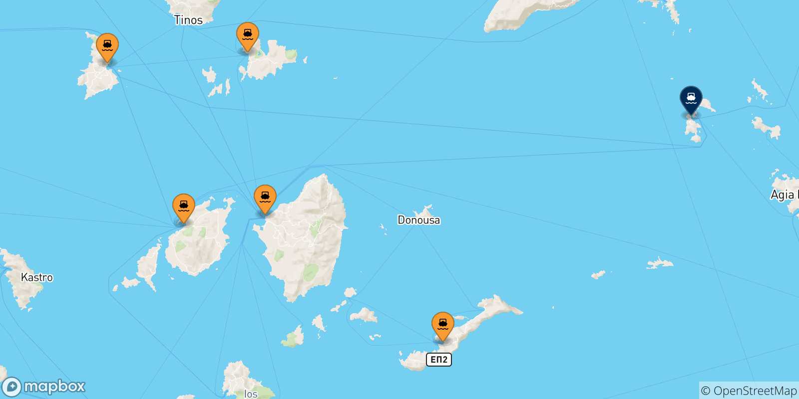 Carte des traversées possibles entre Îles Des Cyclades et Patmos