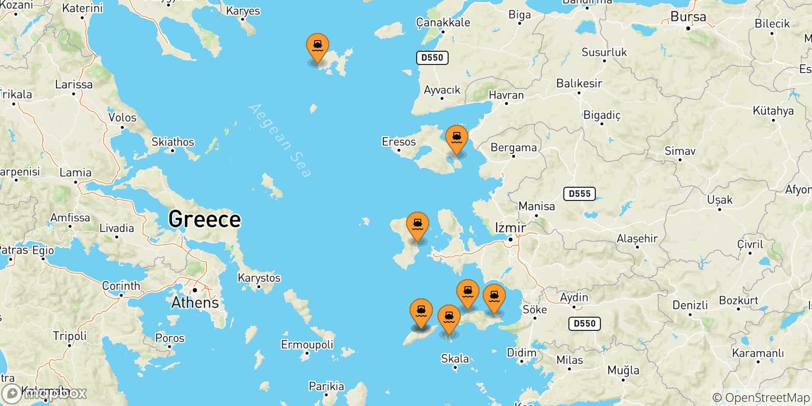 Carte des traversées possibles entre les Îles Égéennes et Myrina (Limnos)