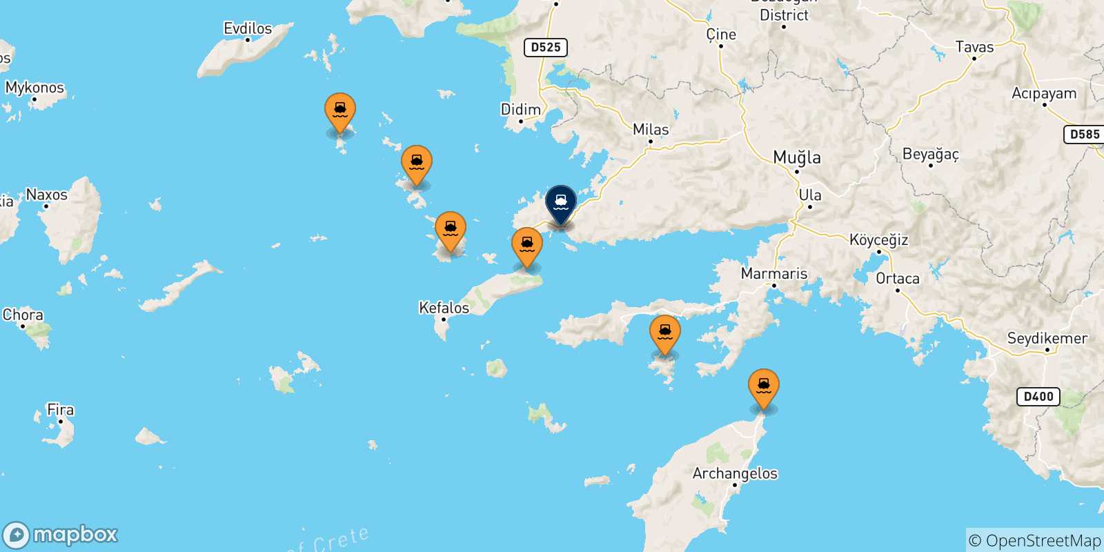 Carte des traversées possibles entre Îles Du Dodécanèse et la Turquie