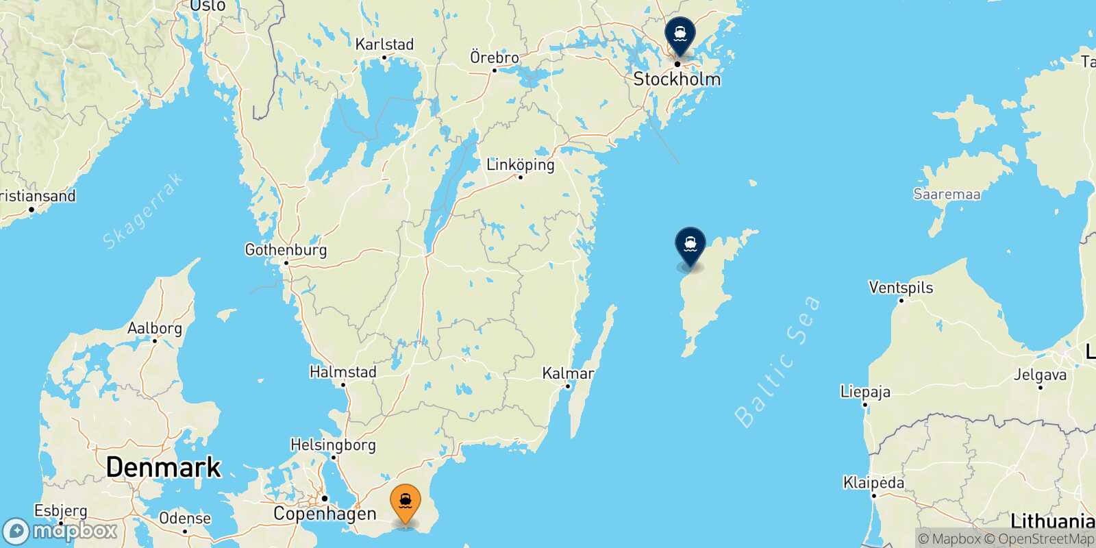 Carte des destinations de Ystad