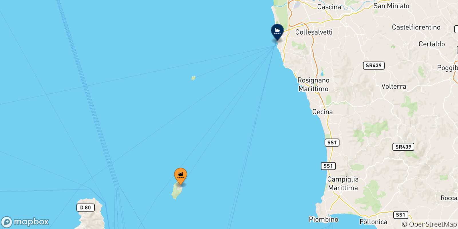 Carte des traversées possibles entre l'Île De Capraia et Livourne